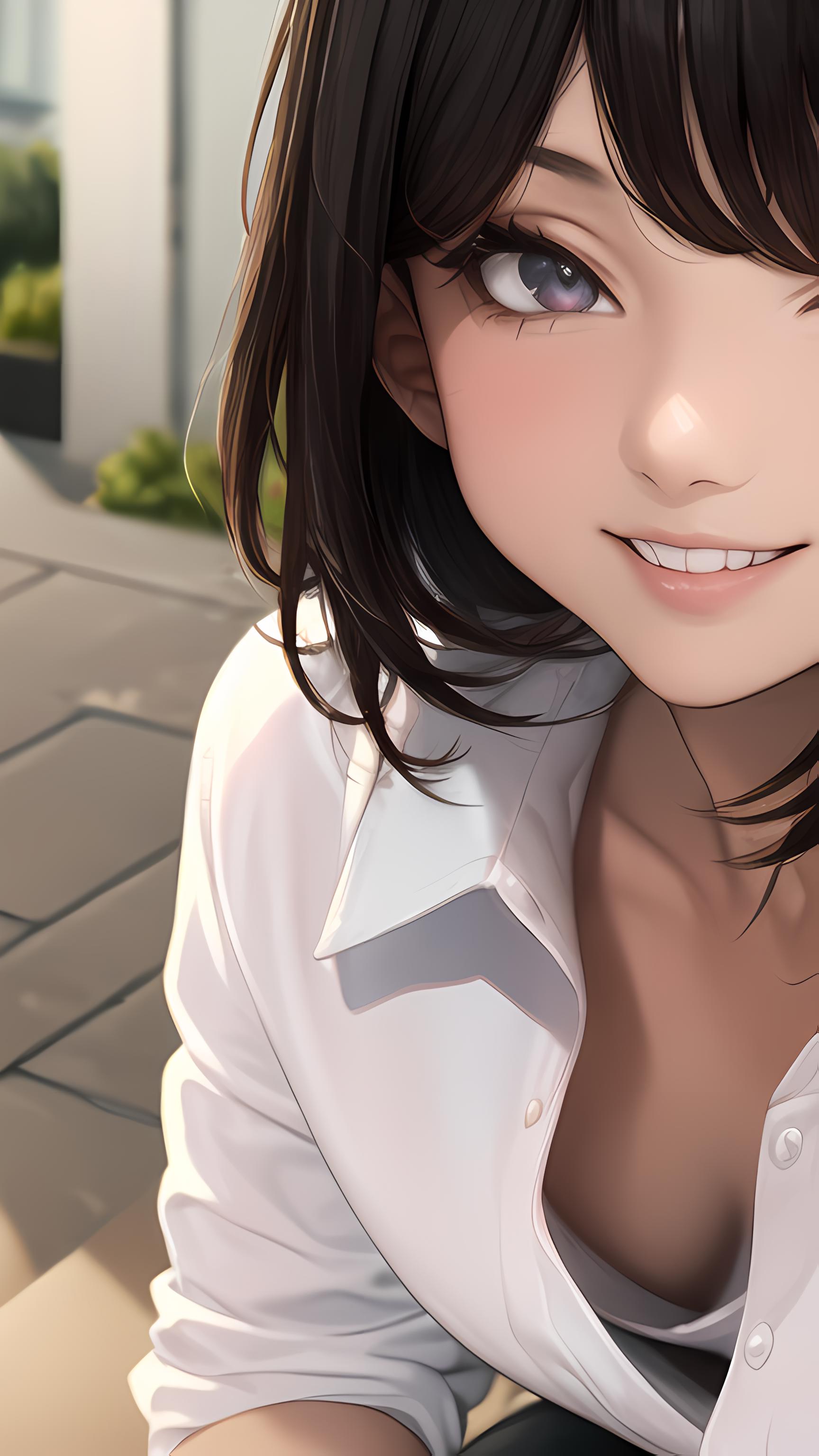 A smiling woman in a white dress shirt.