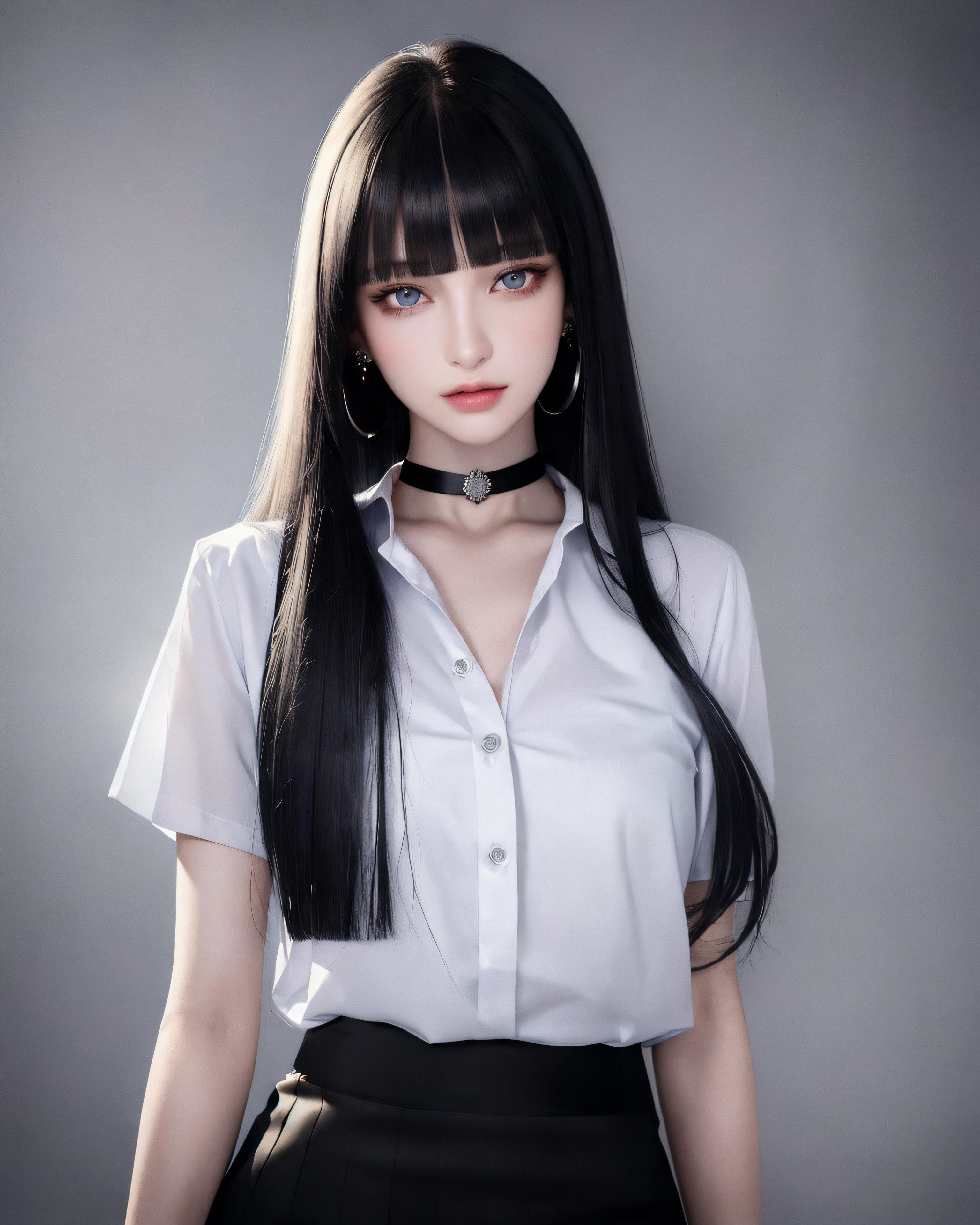 A beautiful young woman wearing a white shirt, black belt, and black hair.