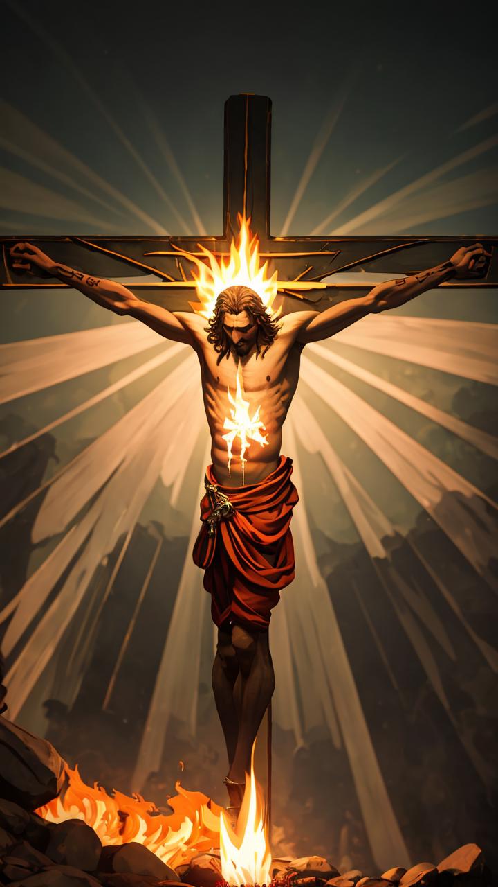 A man on a cross with a halo of light above his head.