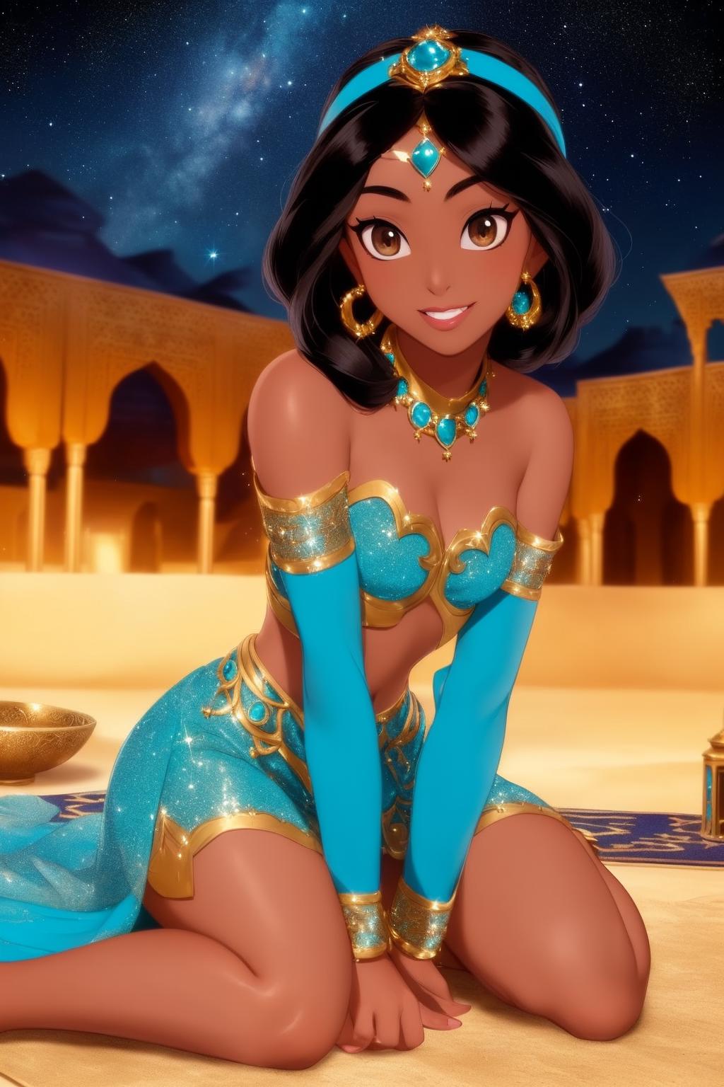 A beautifully drawn cartoon girl in a blue and gold outfit.
