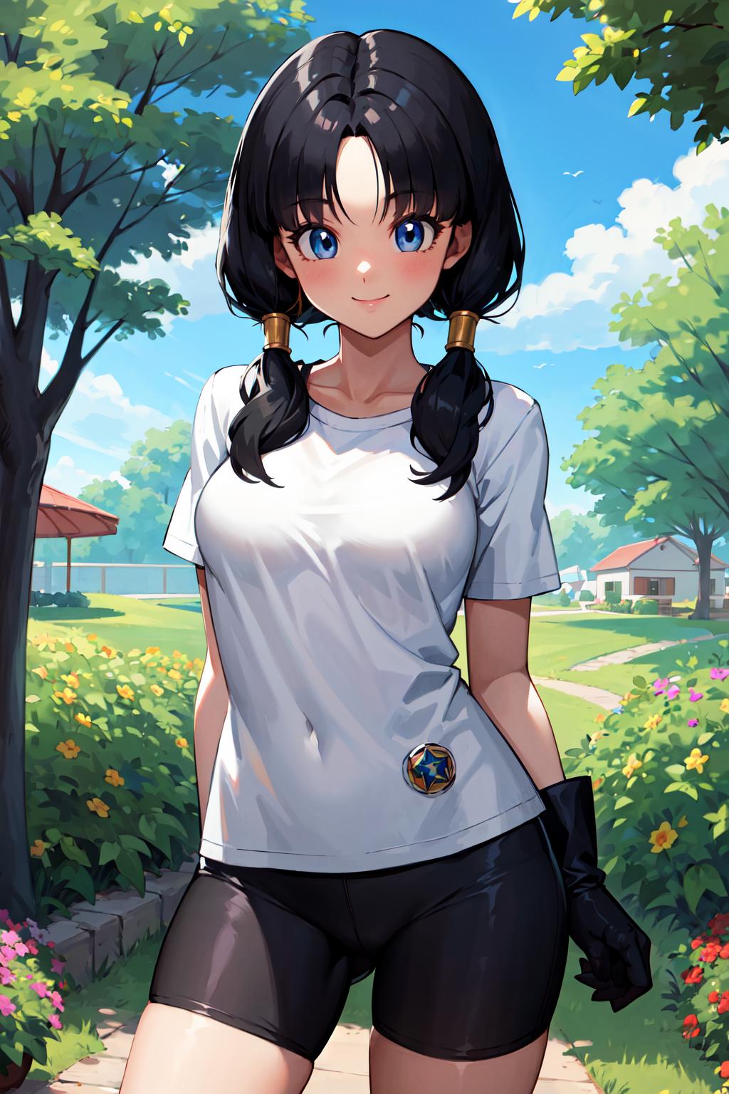 A cute cartoon girl with black hair wearing a white shirt and black pants.