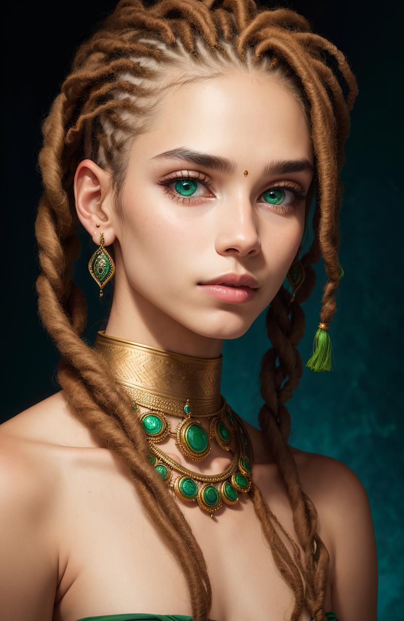 A woman with green eyes wearing a gold necklace is the focus of this photo.