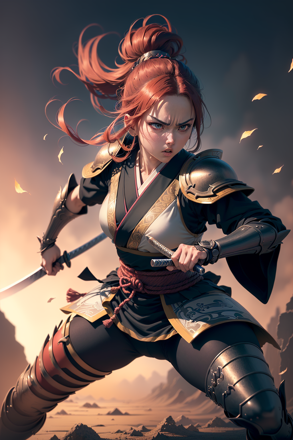 "Warrior Woman with Red Hair and Sword" - Anime-style illustration of a female warrior with a sword, wearing a black and white outfit and a red headband.