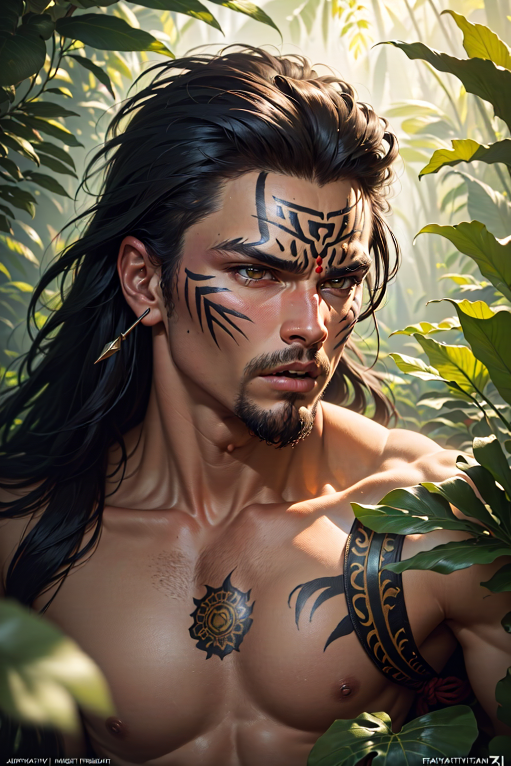 A Shirtless Man with Black Hair and Tattoos in a Forest.