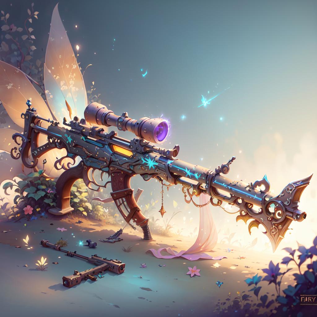 A magical fairies' gun with flower decorations, including a butterfly, on a sunny day.
