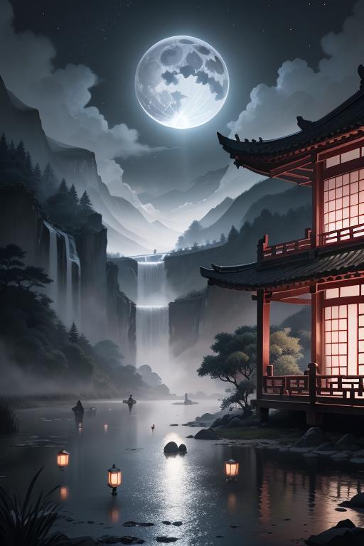 Painting of a Chinese Temple with a Waterfall at Night and People Boating