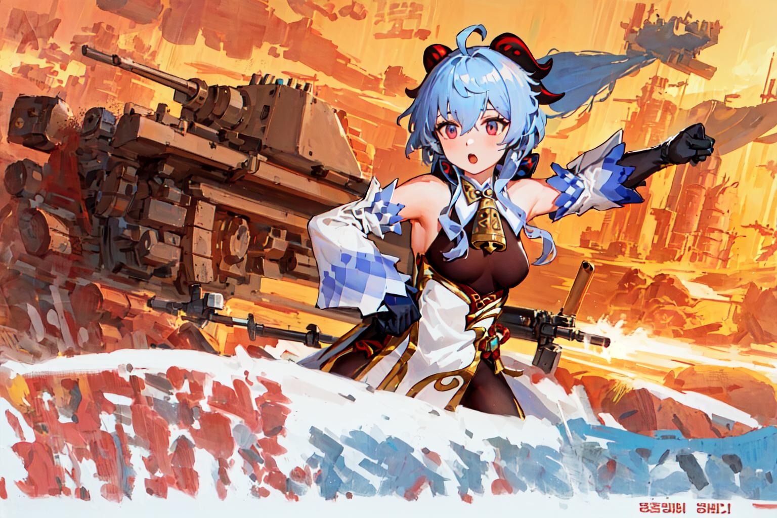 Anime Art of a Woman Holding a Gun and a Tank in the Background