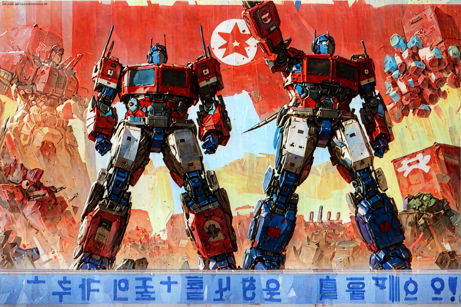 Two red, white, and blue robots standing next to each other with a red star above them.