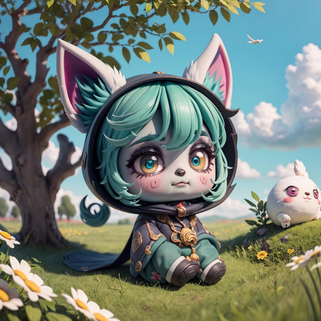 Anime-Style Cartoon Character with Green Hair and a Black Hoodie Sitting in a Field with a White Bear.