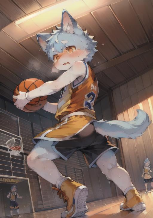 A cartoon image of a boy in uniform holding a basketball.