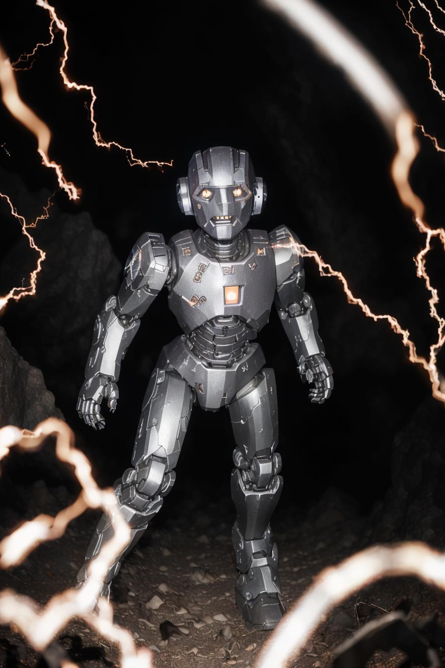 A robot with a lightning bolt in the background.