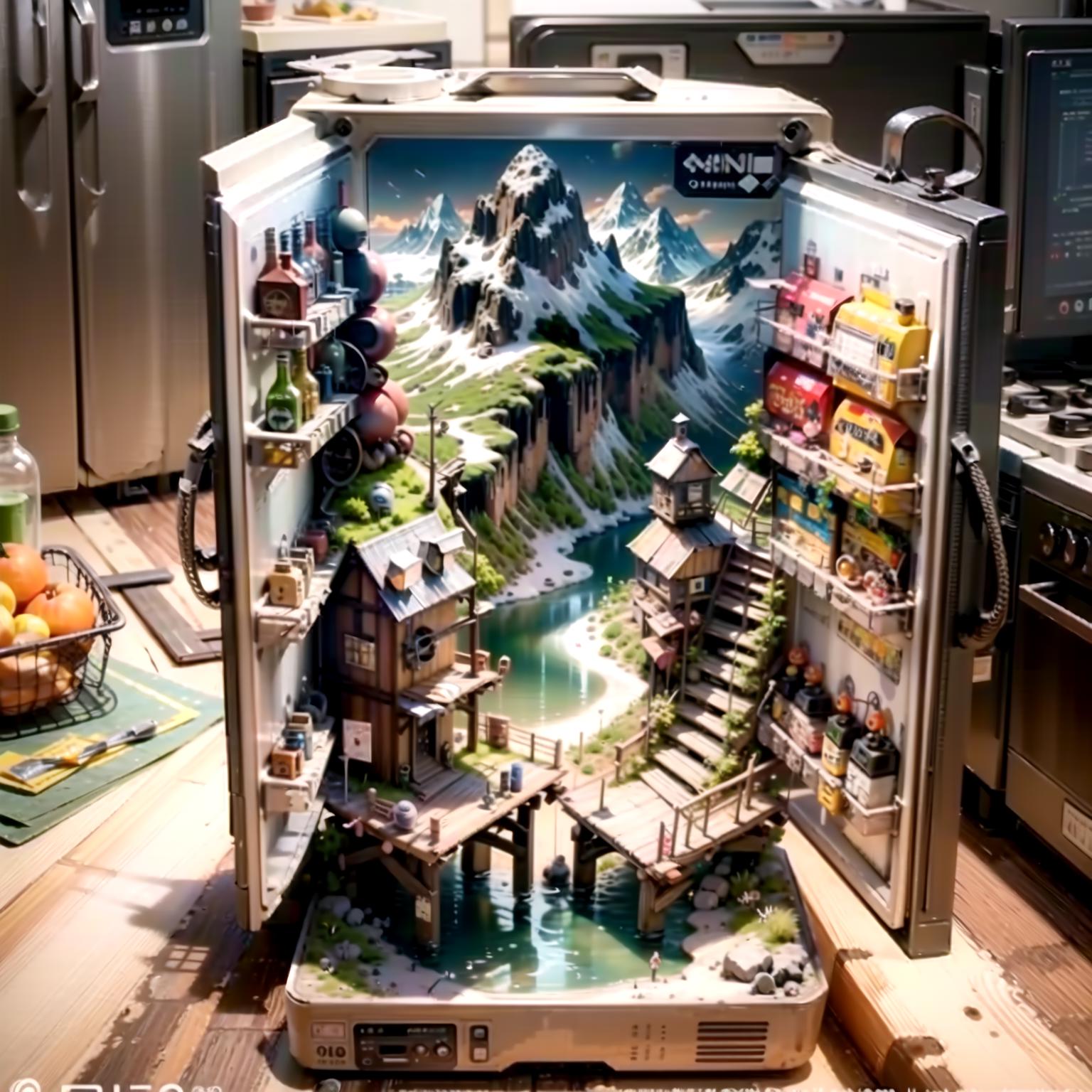 A miniature replica of a mountain town with a river is displayed inside an open suitcase.