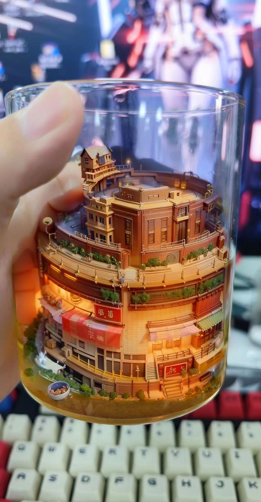 A Miniature Model of a Multi-Story Building Inside a Glass.