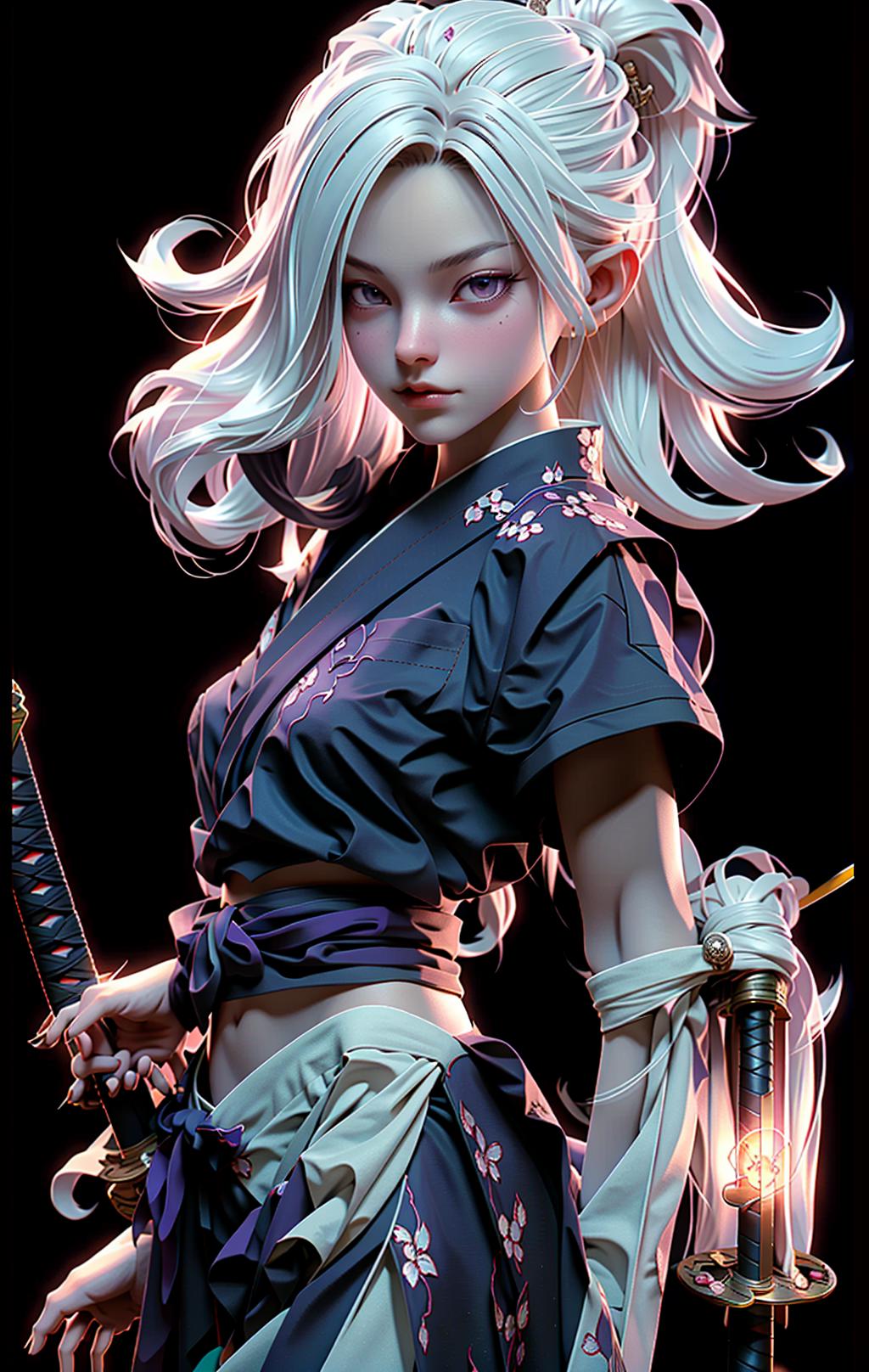 A digital art of a woman with white hair, wearing a black shirt and holding a sword.