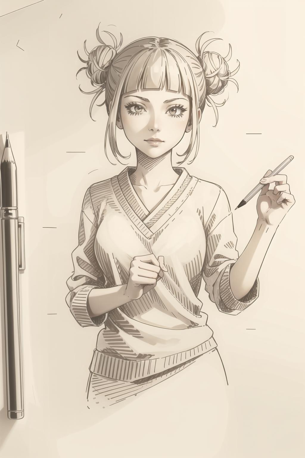 A woman in a white sweater holding a pen and pencil.