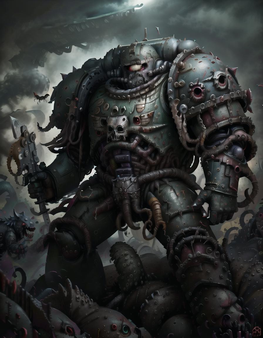 A Warhammer 40k Robot Warrior with a Skull on its Chest, Holding a Sword and Standing on a Dead Body