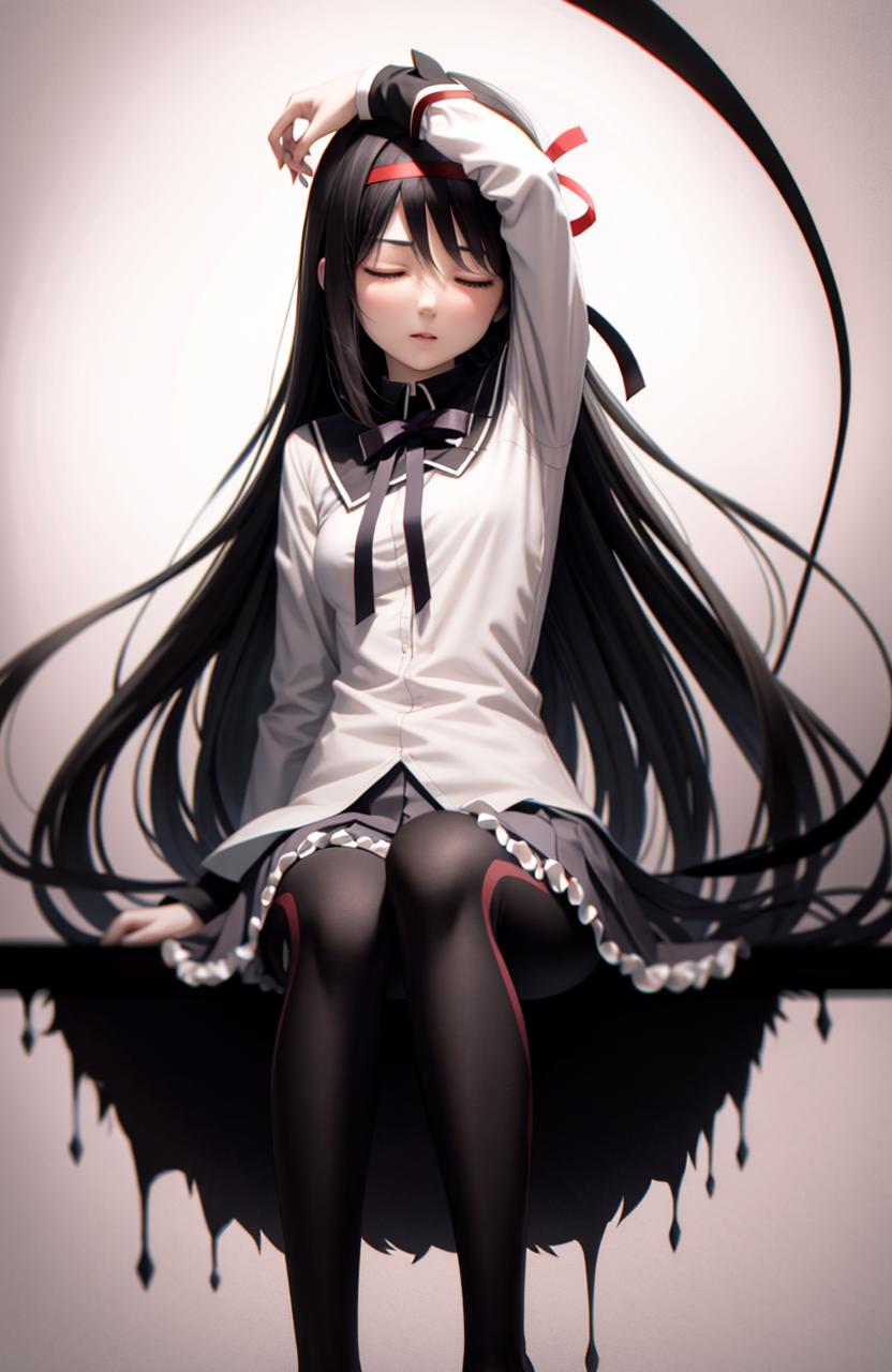 A white and black anime character sitting on a bench.