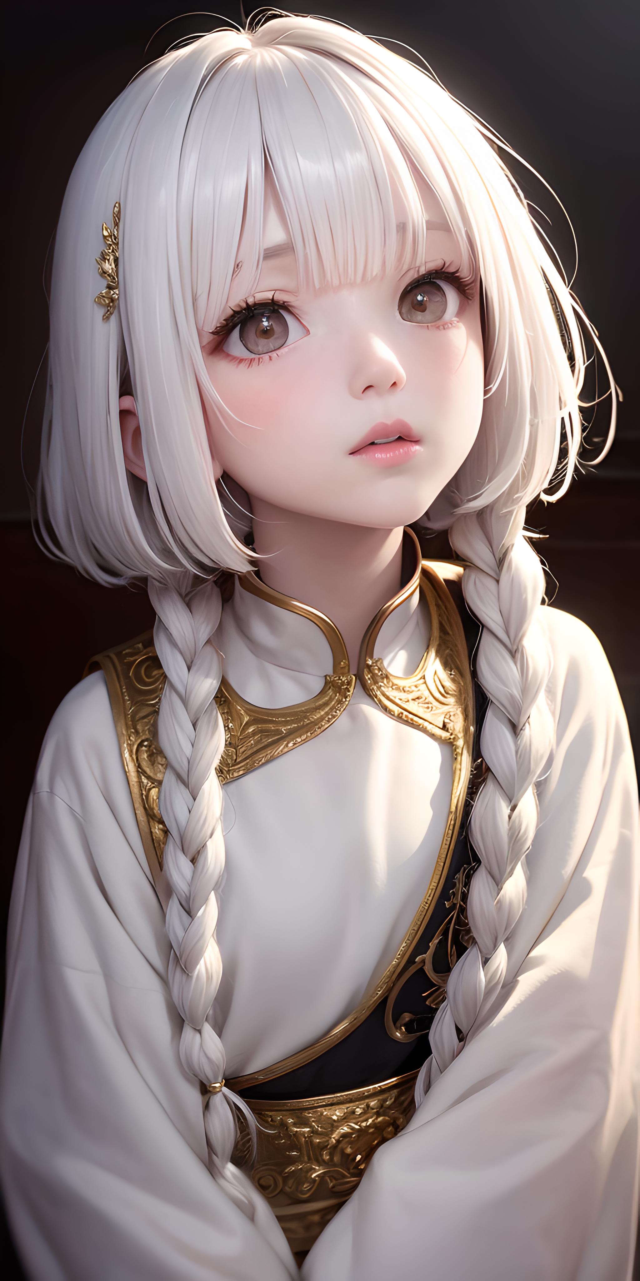 A white haired anime girl with braided pigtails and a white outfit.