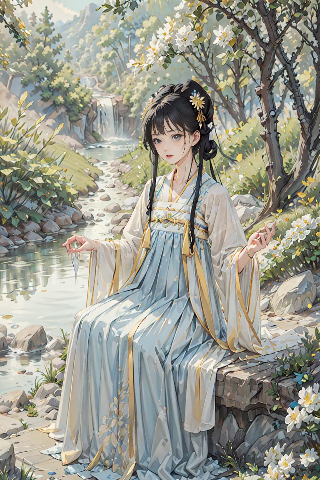 A beautifully drawn illustration of a woman sitting by a stream in a flowing dress.