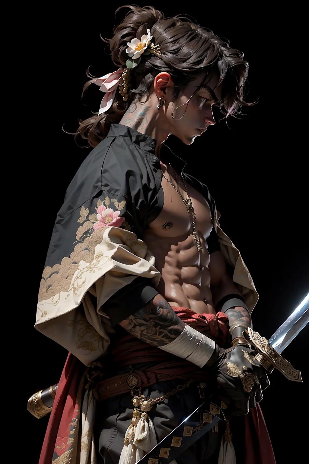 A shirtless male with tattoos, holding a sword and wearing a kimono.