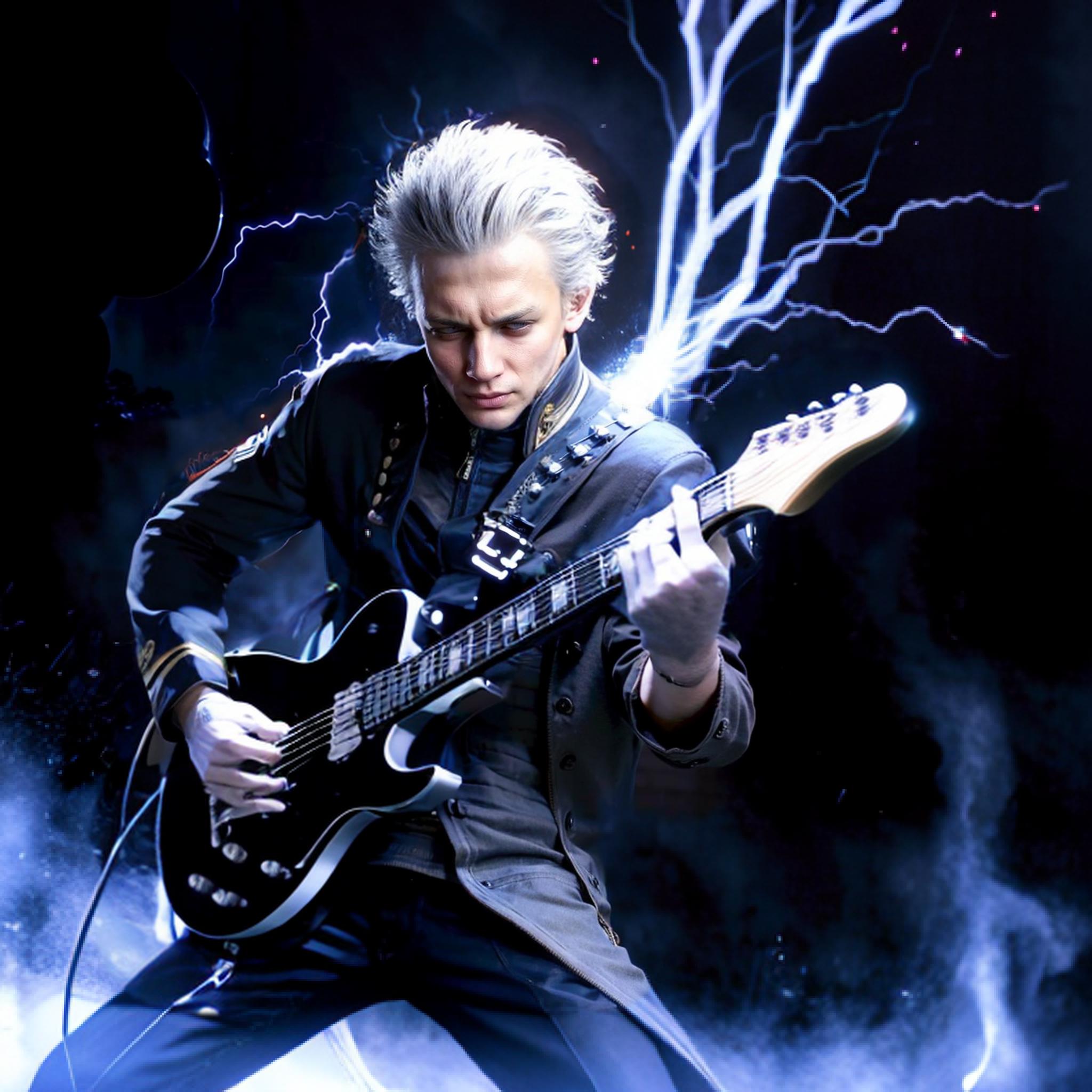 Man Playing Guitar with Lightning Bolts Behind Him