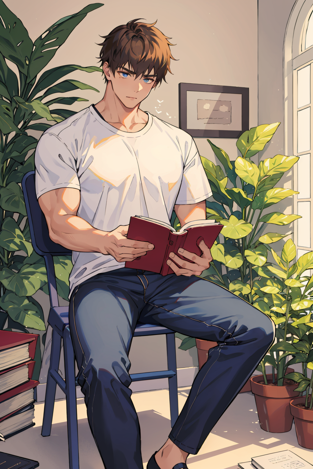 A man sitting on a chair reading a book in front of a potted plant.