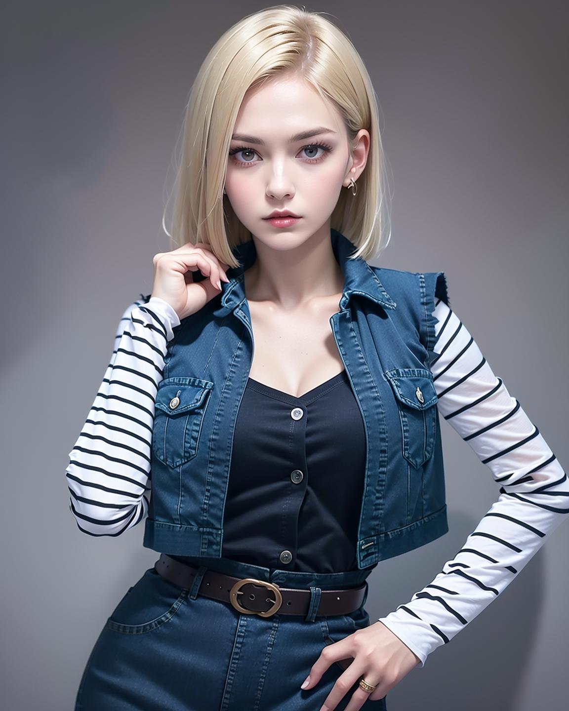 A young woman wearing a blue denim vest and black shirt poses for a photo.