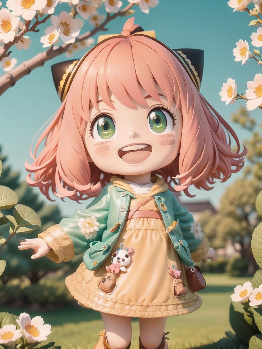 An animated doll with a green coat and pink hair, smiling and standing next to a tree with yellow flowers.