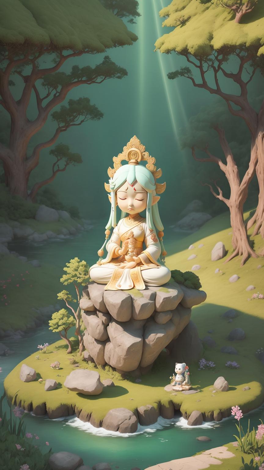 A serene scene featuring a gold and white statue of a woman sitting on a rock in a lush green forest. The statue exudes a sense of peace and tranquility, as she sits in a meditative pose with her eyes closed. The forest around her is filled with trees and rocks, creating a picturesque and calming atmosphere.