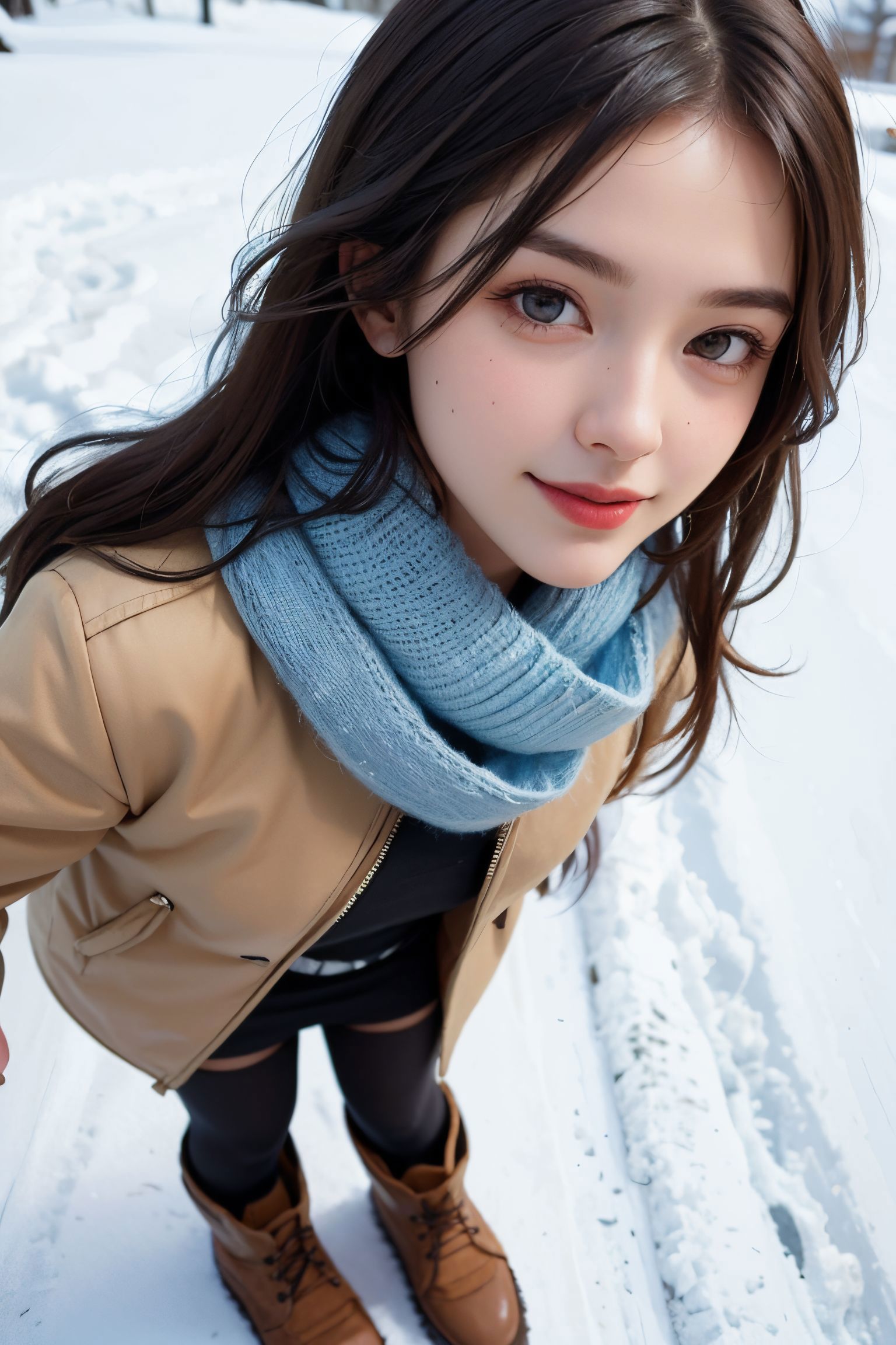 A woman in a blue scarf and black top poses for a picture in the snow.