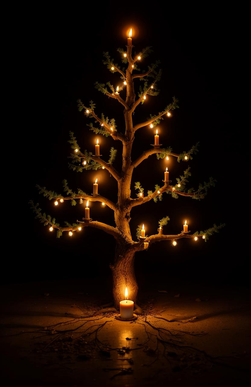 A lit tree with candles in a dark room.