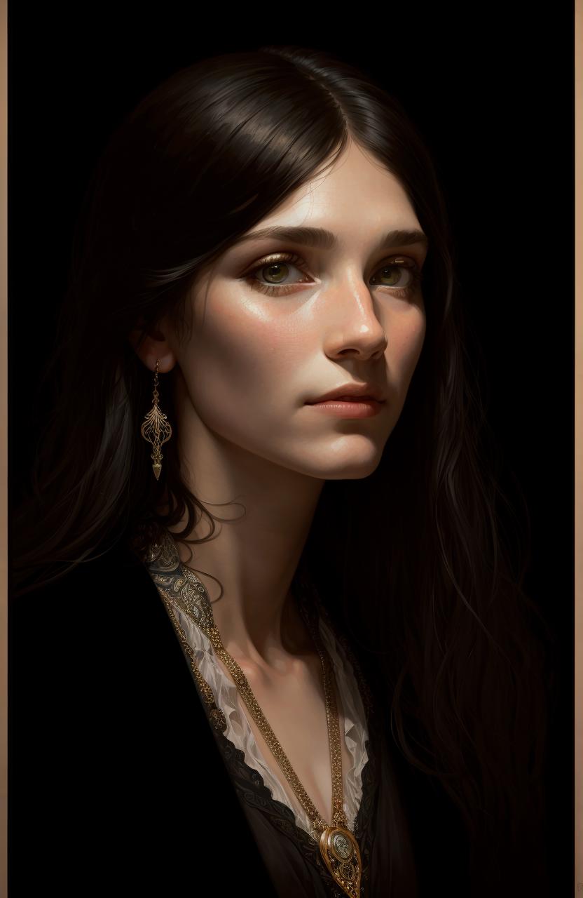 A dark-haired woman with long hair and earrings staring into the distance.