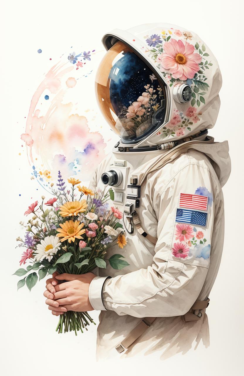 Astronaut in a white and blue suit holding a bouquet of flowers.