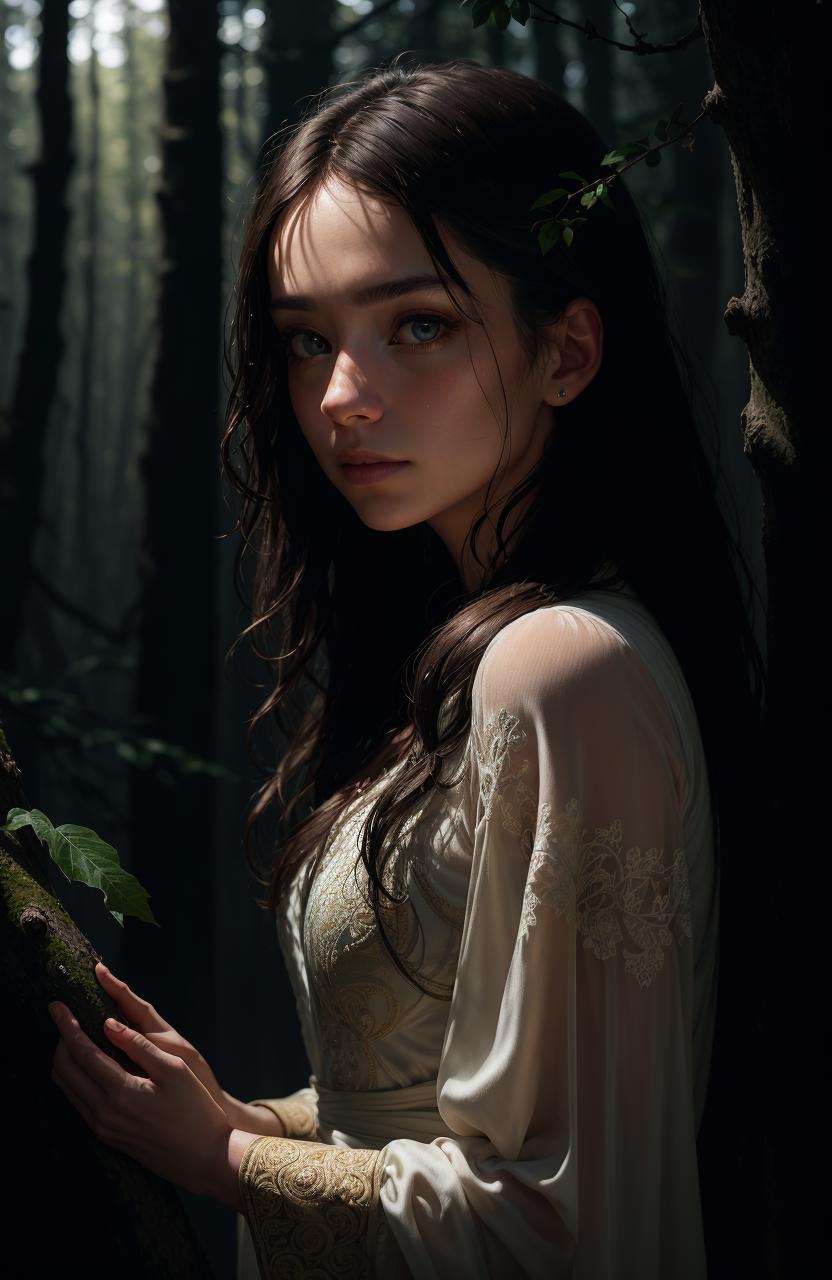 A woman with a flower in her hair poses in a forest.