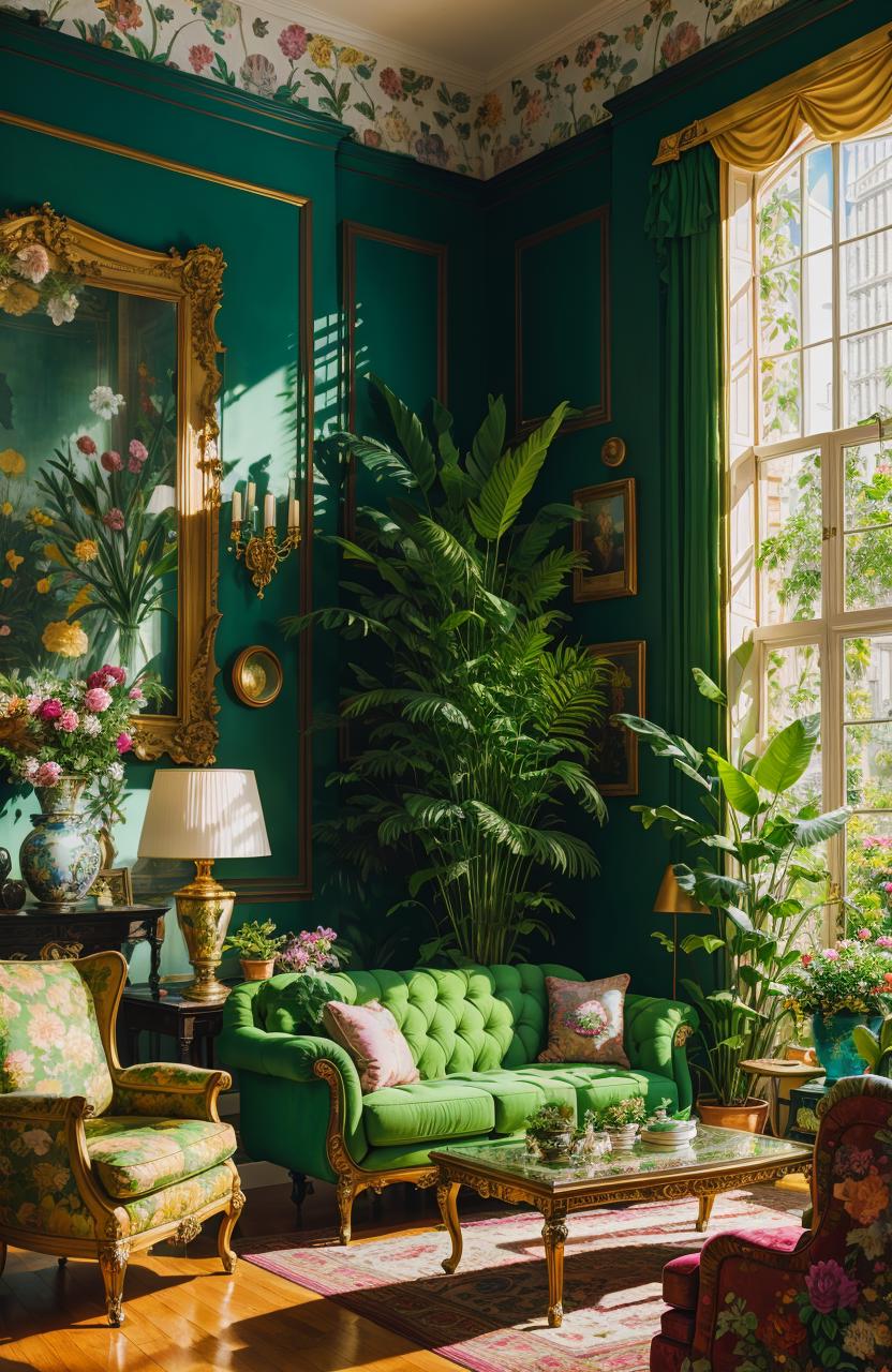 A Green Living Room with a Couch, Chairs, and Plants on a Sunny Day
