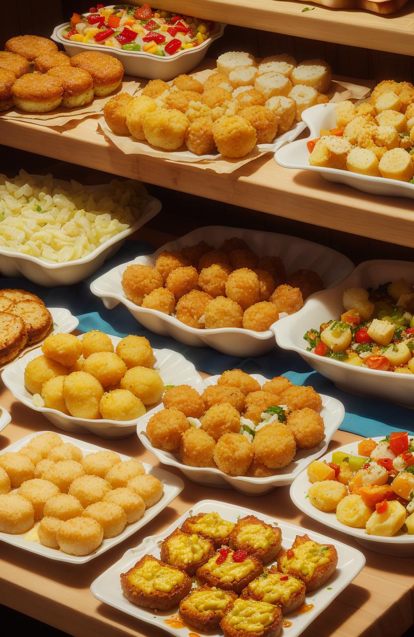 A variety of food in white bowls on a table, including pasta, vegetables, and breaded items.