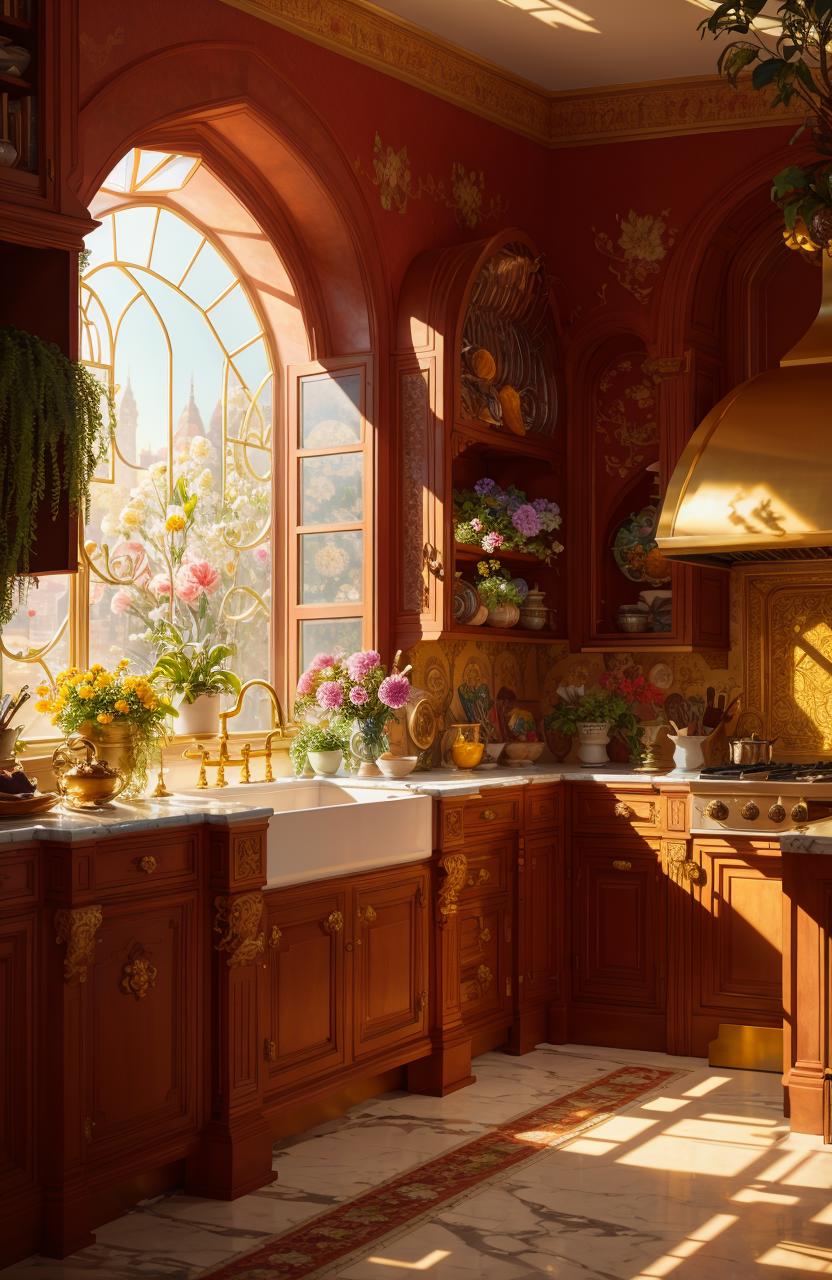 Kitchen with wooden cabinets, marble countertops, and various potted plants and vases.