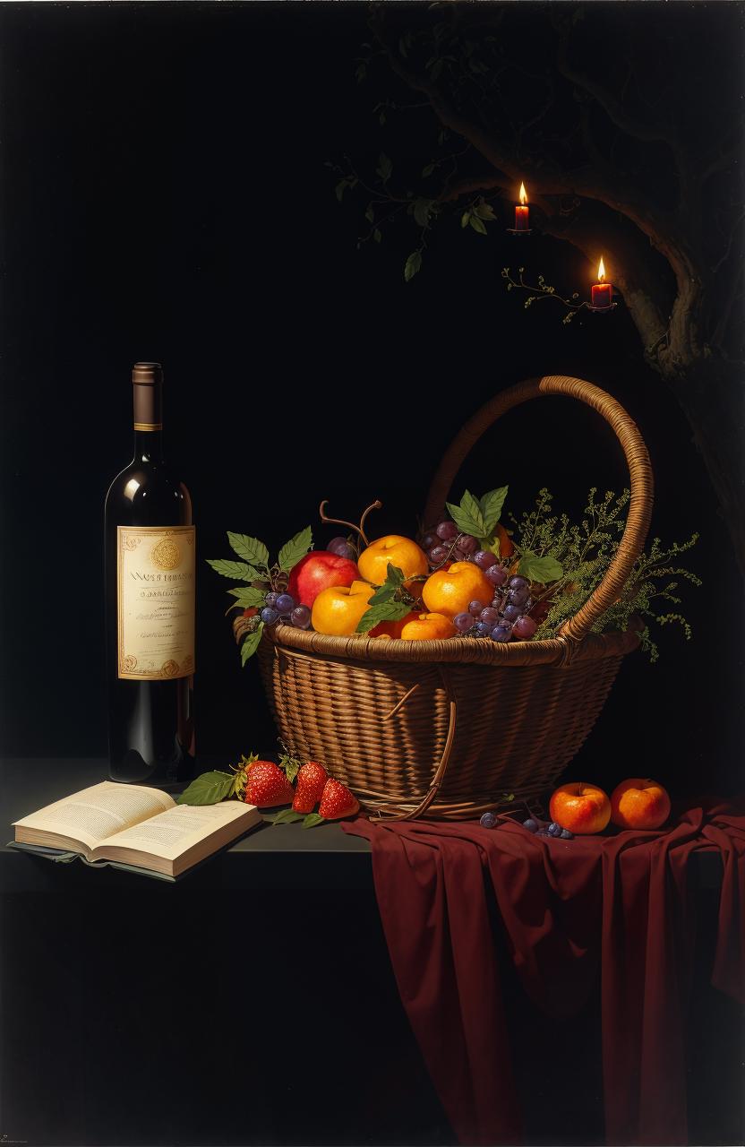 Still Life Art with Basket of Fruit, Wine Bottle, and Book in a Dark Room