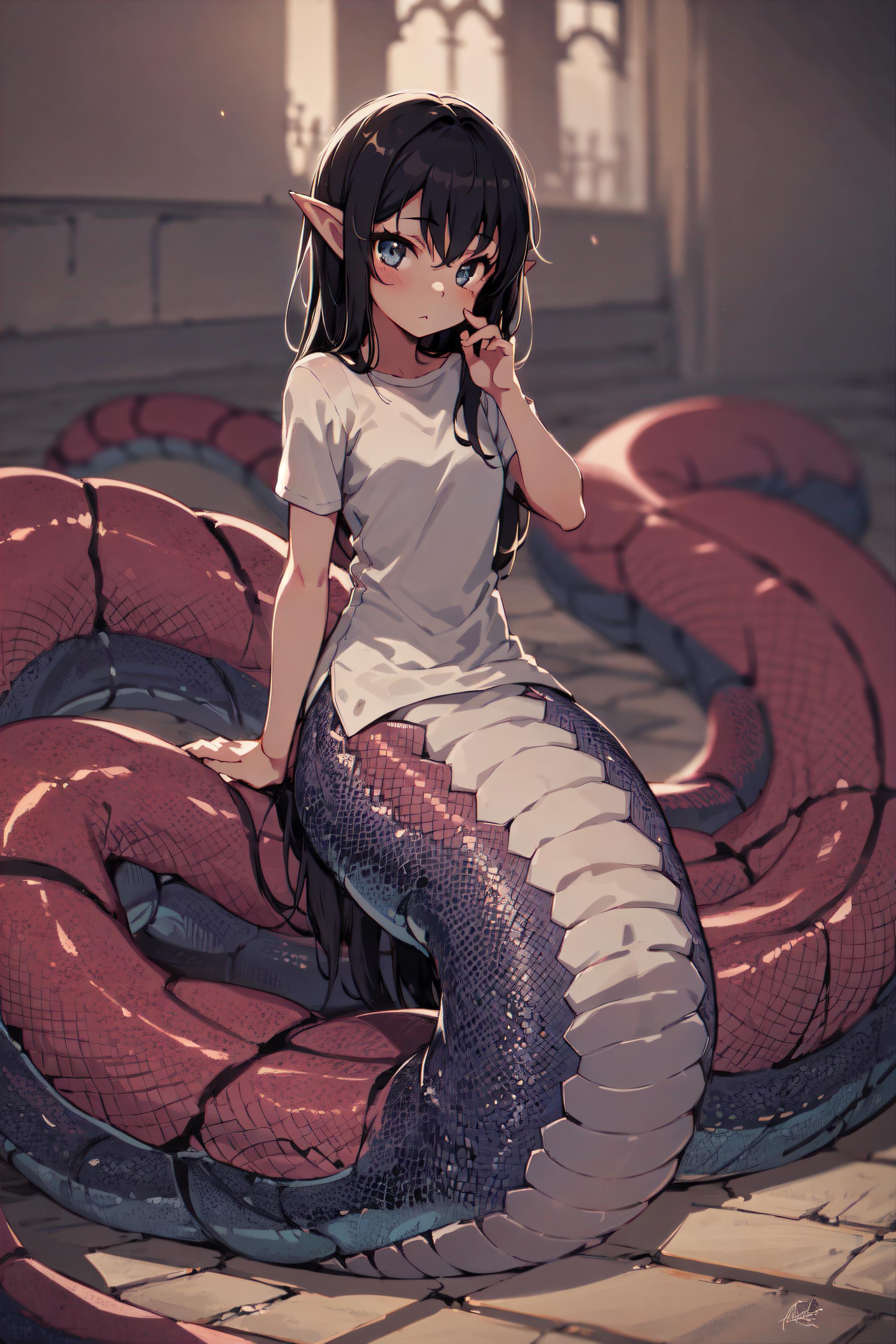 A girl with a mermaid tail sitting on a snake.