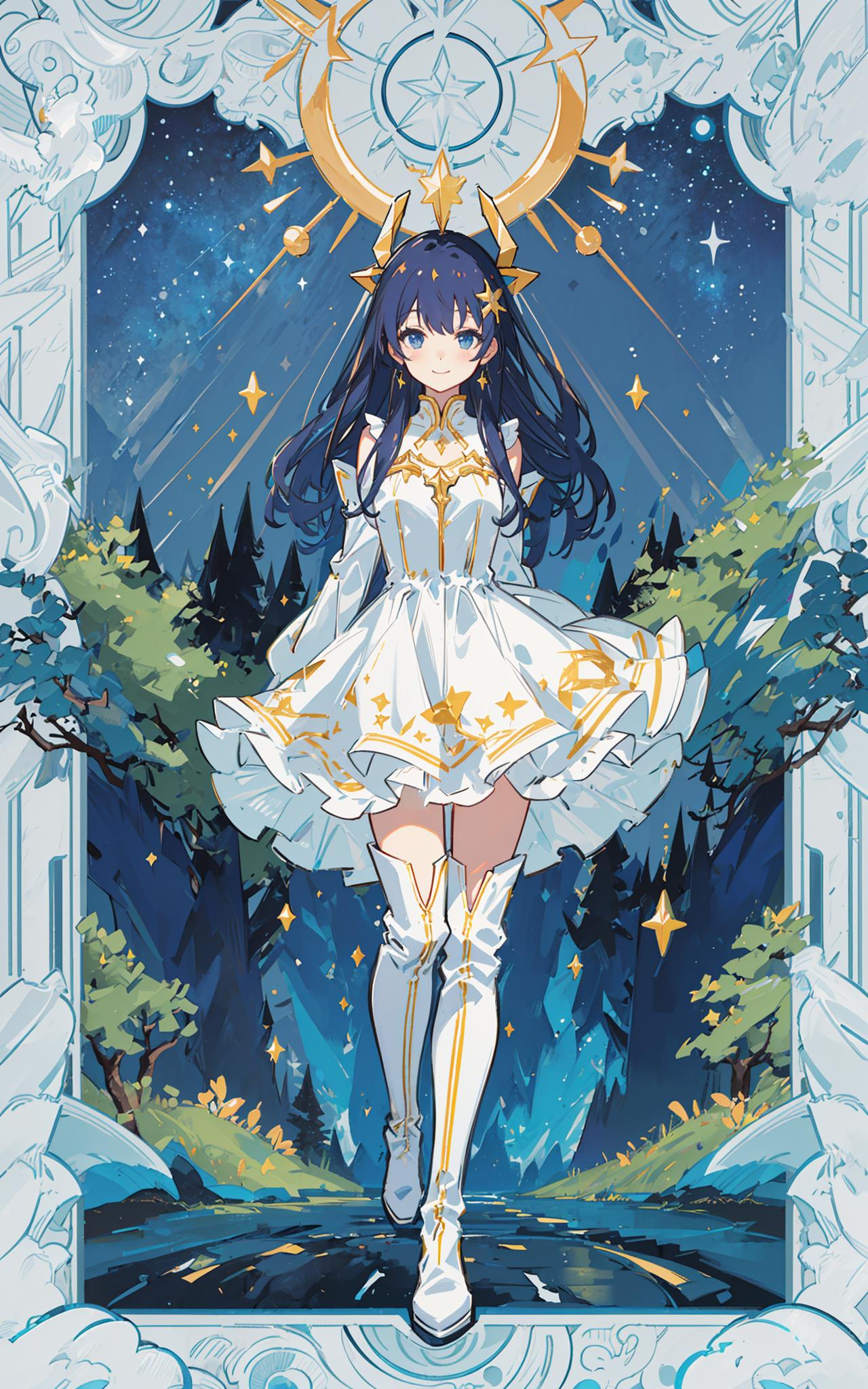 Anime Character in White Dress with Gold Stars and Blue Hair.