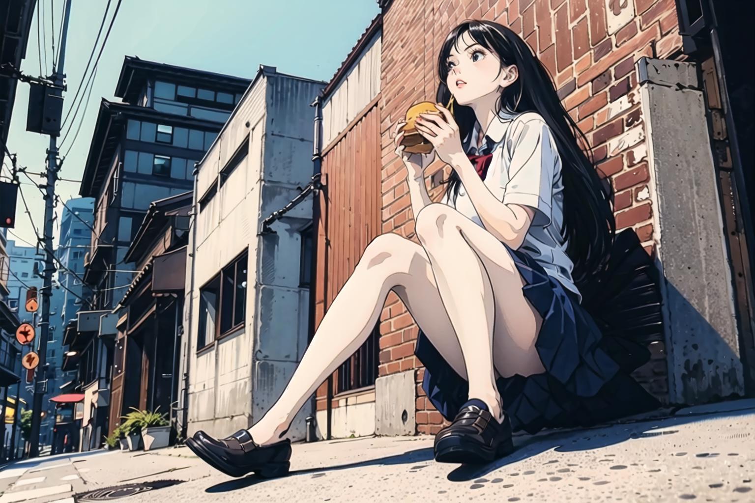 A young woman in a school uniform eating a sandwich in front of a brick building.