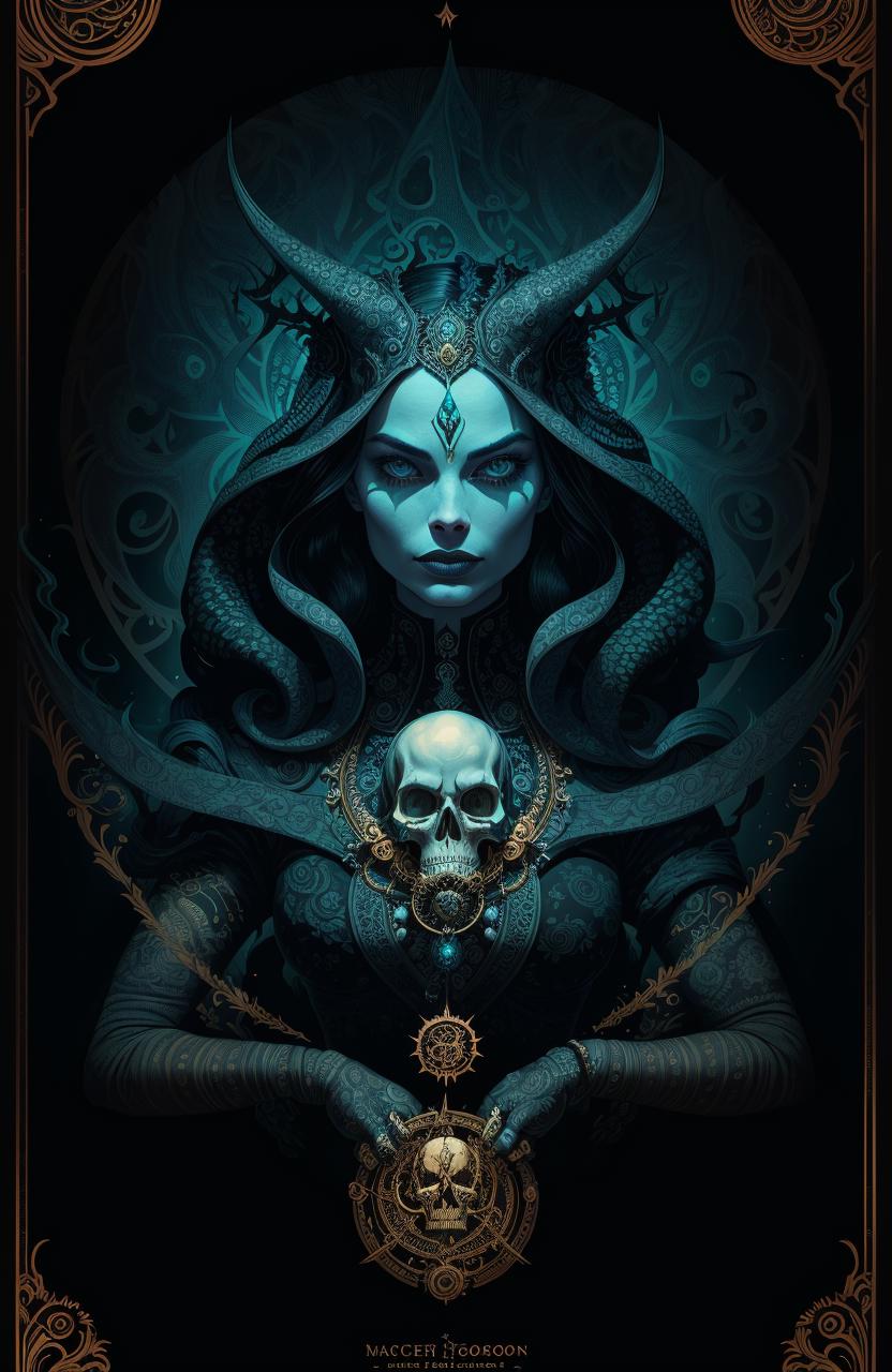 Dark Fantasy Art Featuring a Woman with a Skull Necklace and Horns on Her Head.