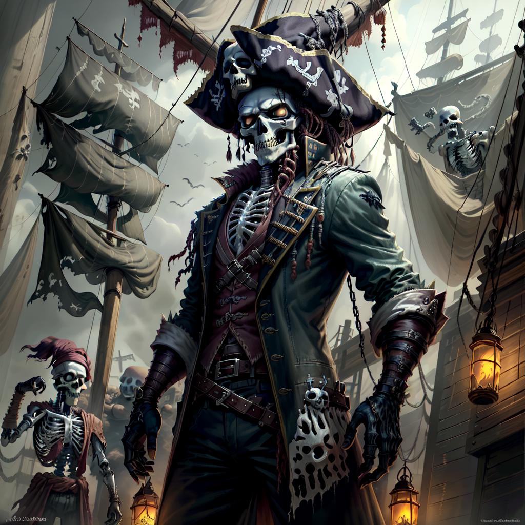 A skeleton pirate with a scary appearance stands in front of a ship.