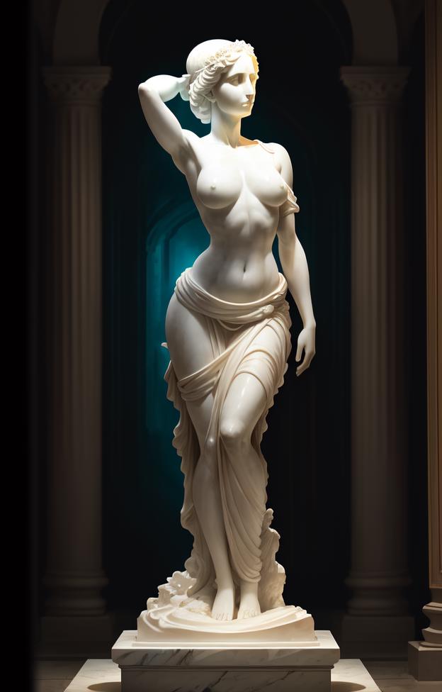 A White Statue of a Naked Woman in a Dark Room.