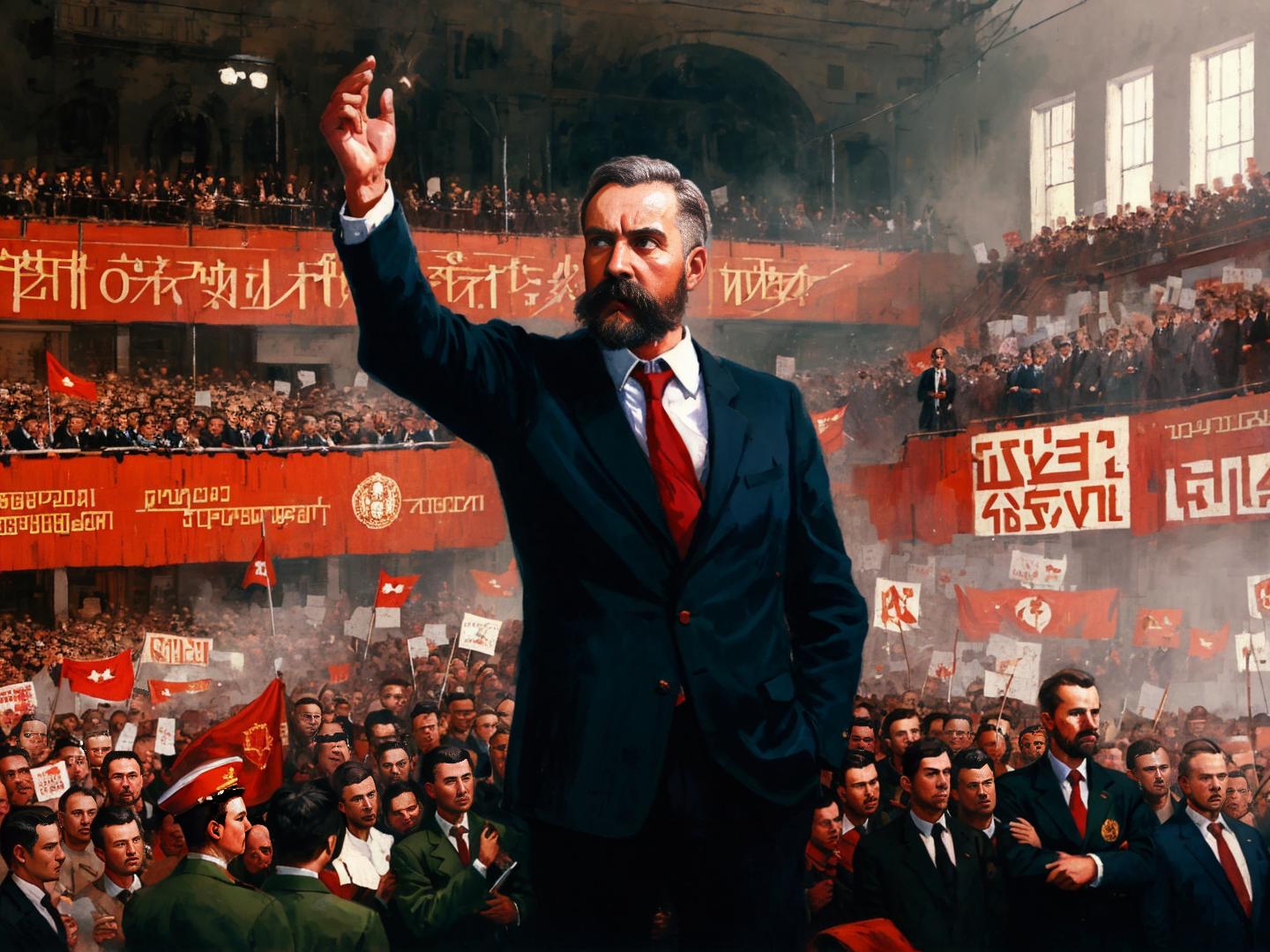 A painting of a man in a suit giving a speech to a large crowd of people.