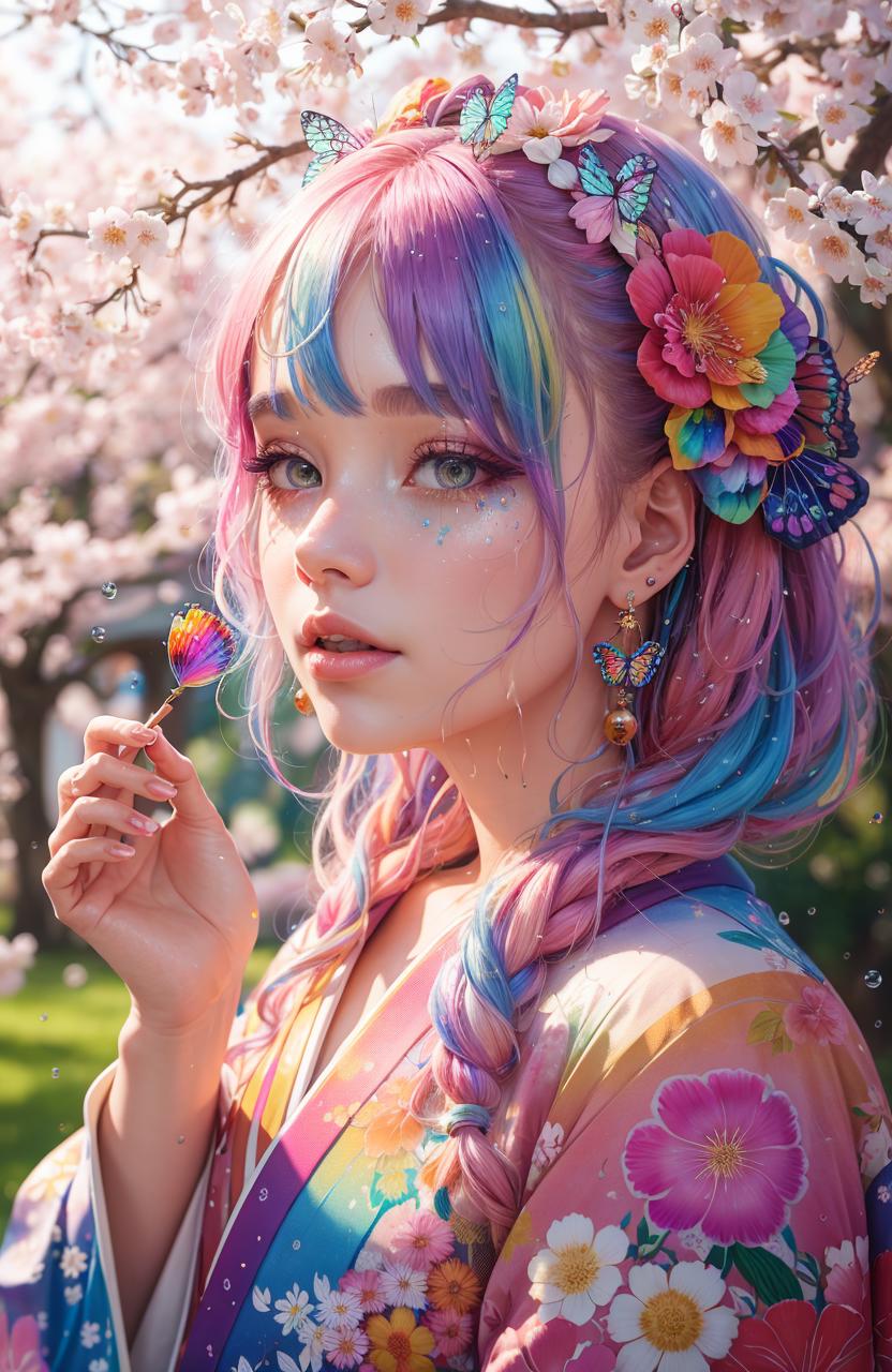 A girl with pink, blue, and purple hair holds a colorful umbrella.