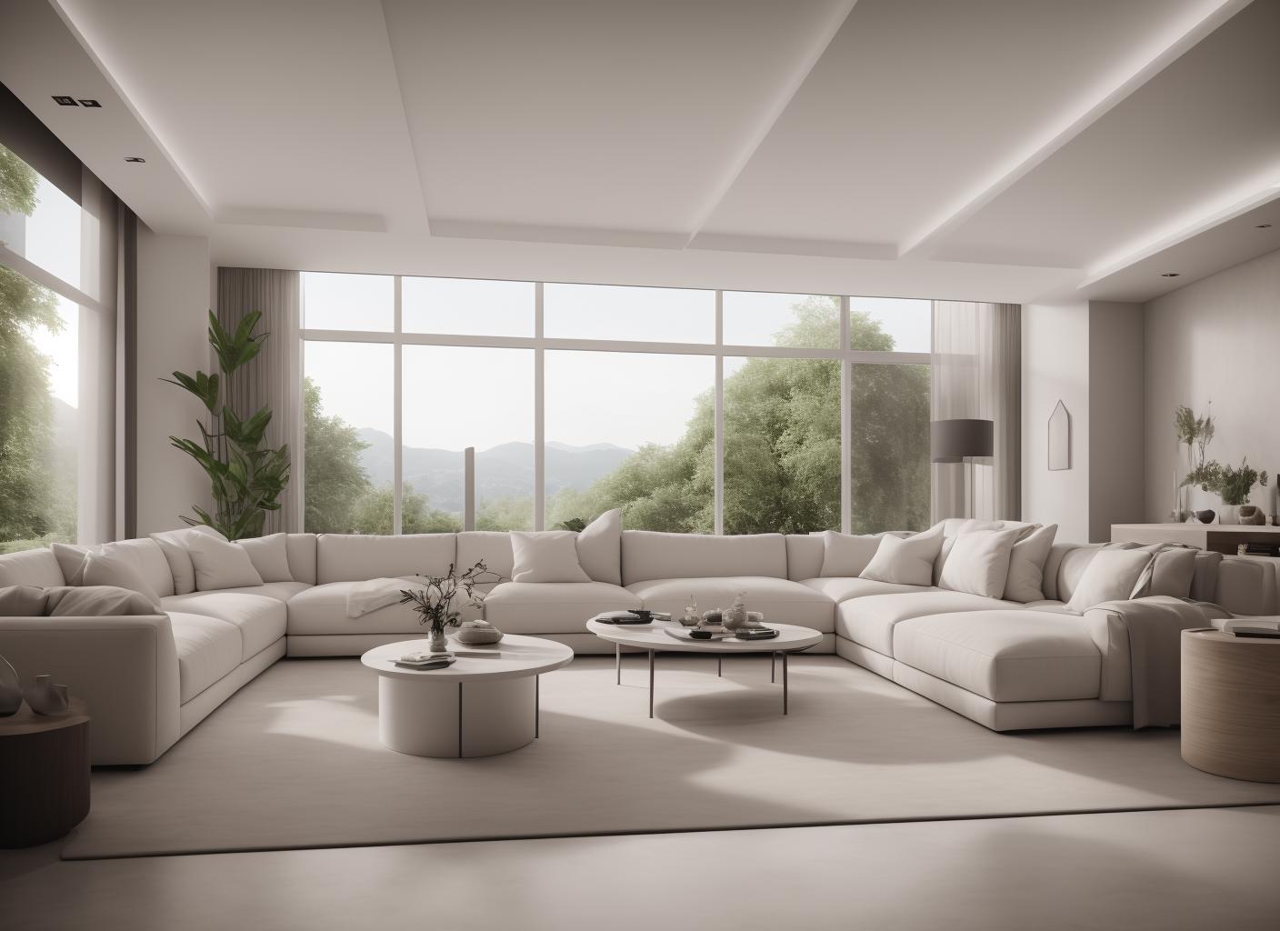 White living room with large windows and a round table.