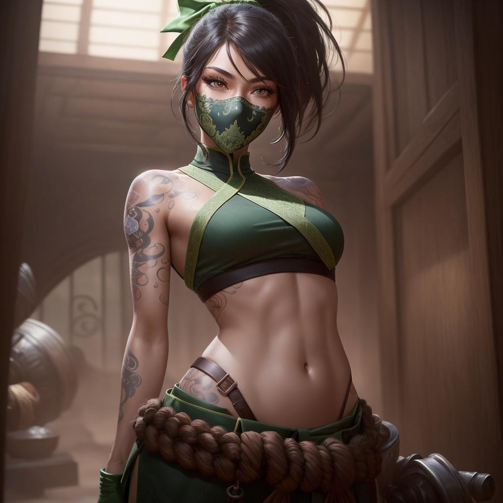 A beautifully tattooed woman in a green shirt, wearing a mask and holding a rope or belt.