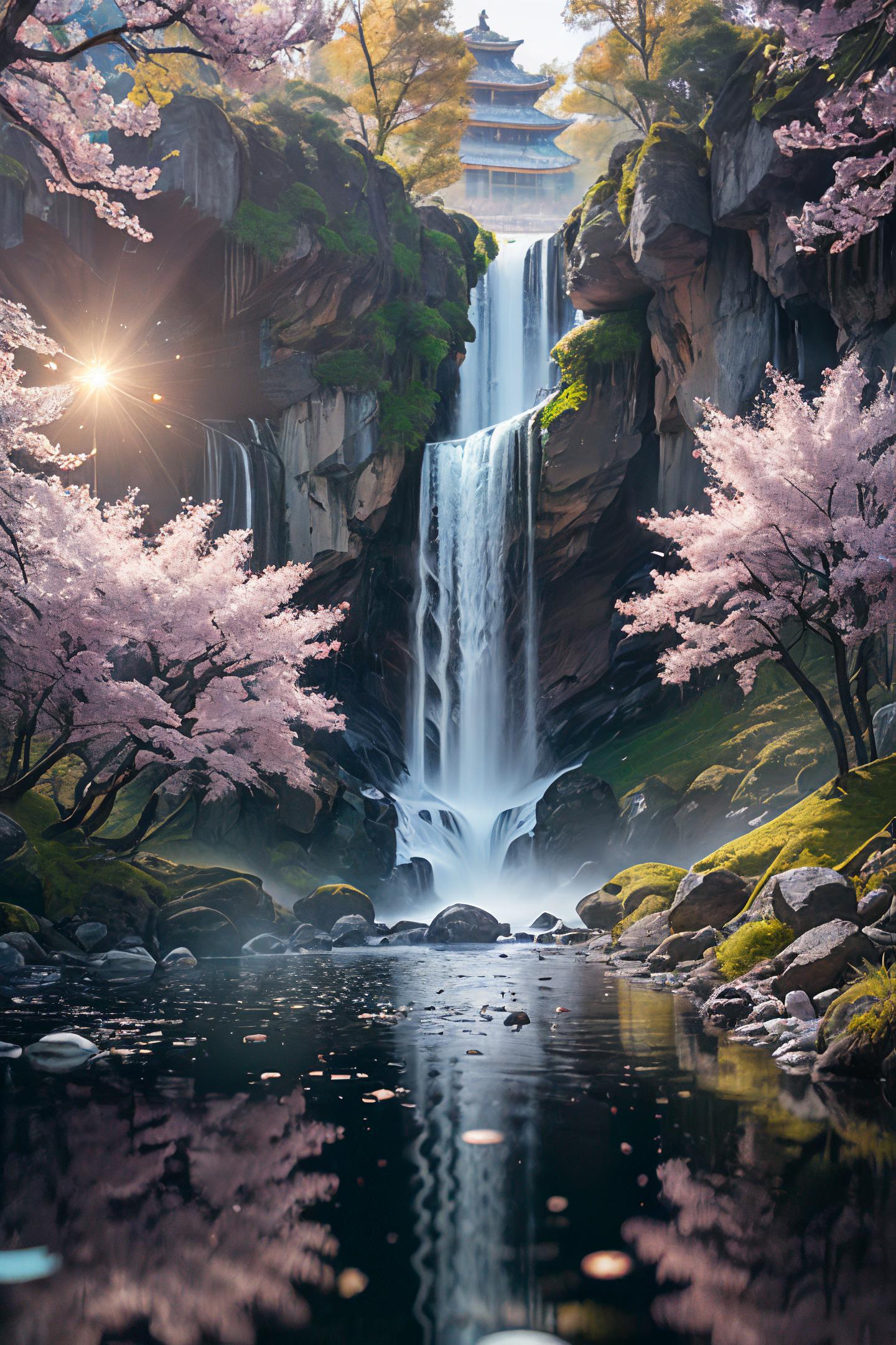 Waterfall with a rocky cliff and a forest of cherry blossoms.