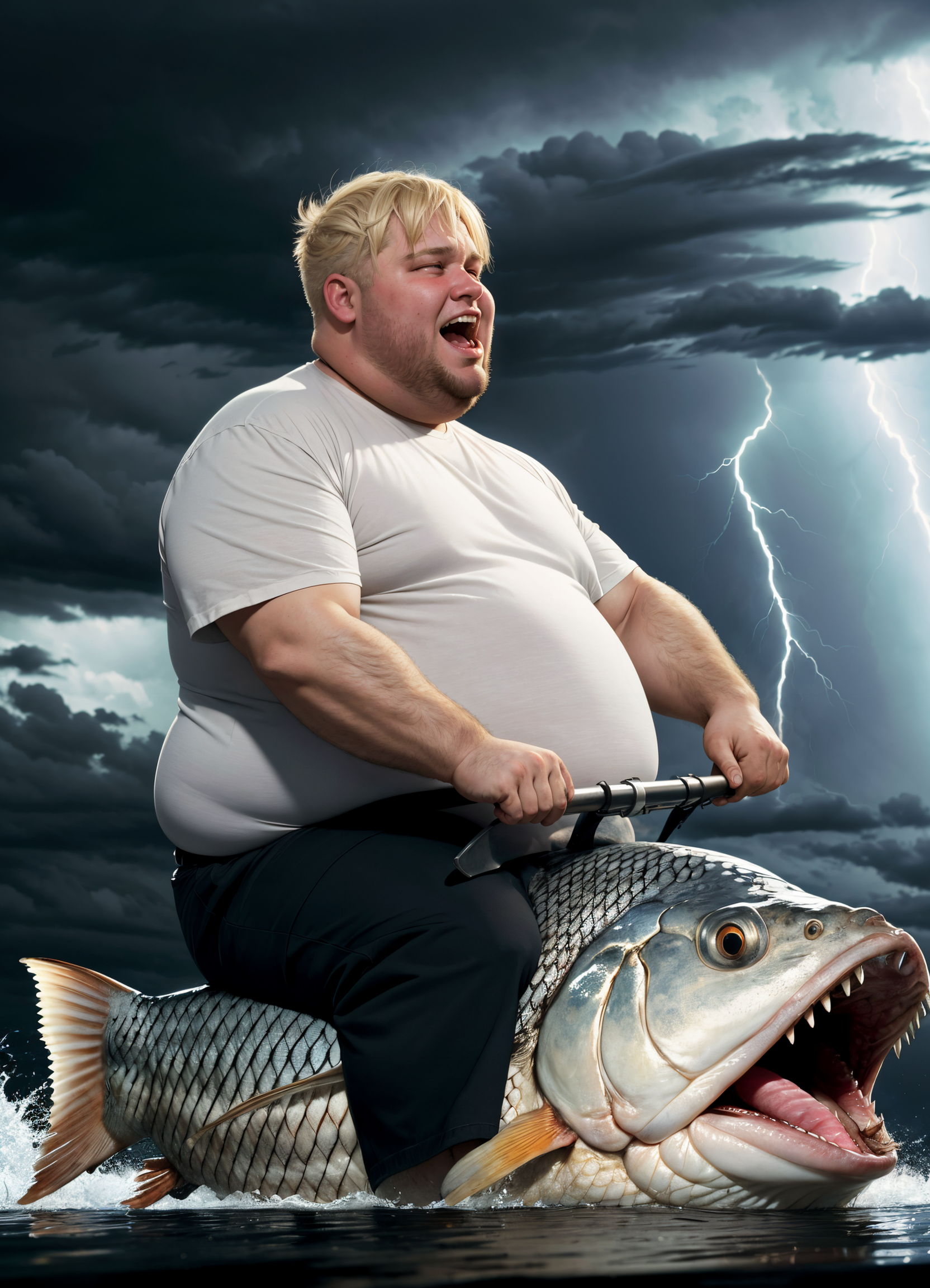 Man Riding Fish with Open Mouth and Thunderstorm Background